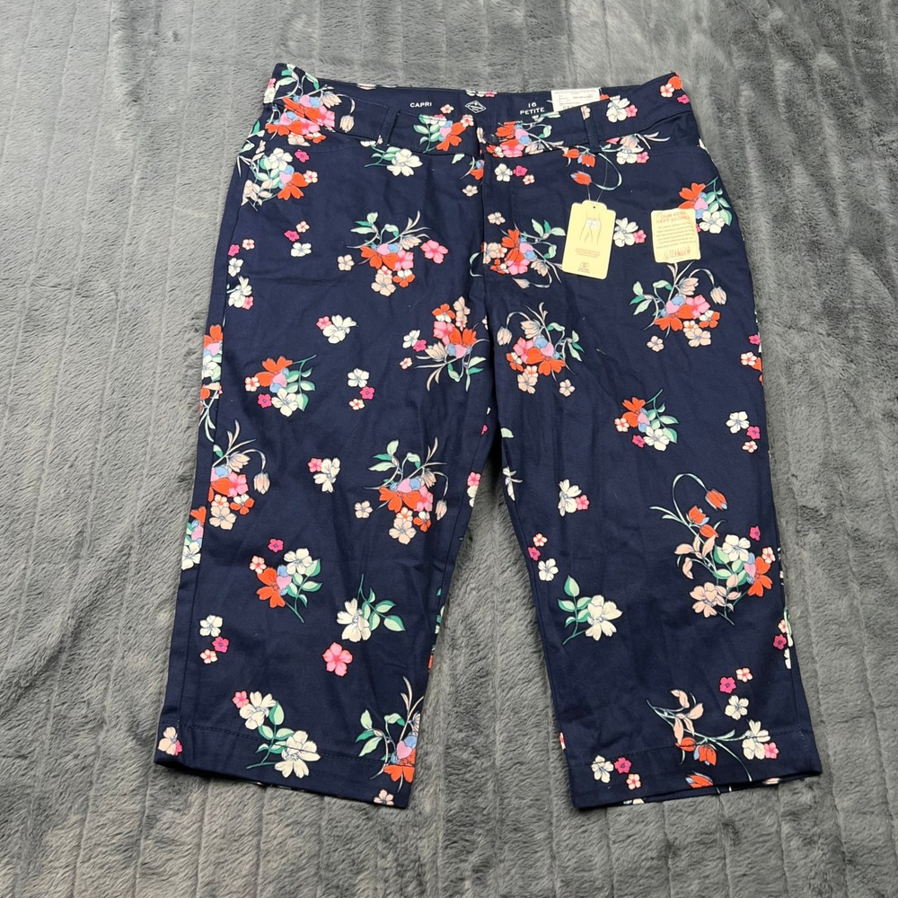St Johns Bay Navy Maisie Floral Secretly Slender Capri Pants 16 Petite 16P
